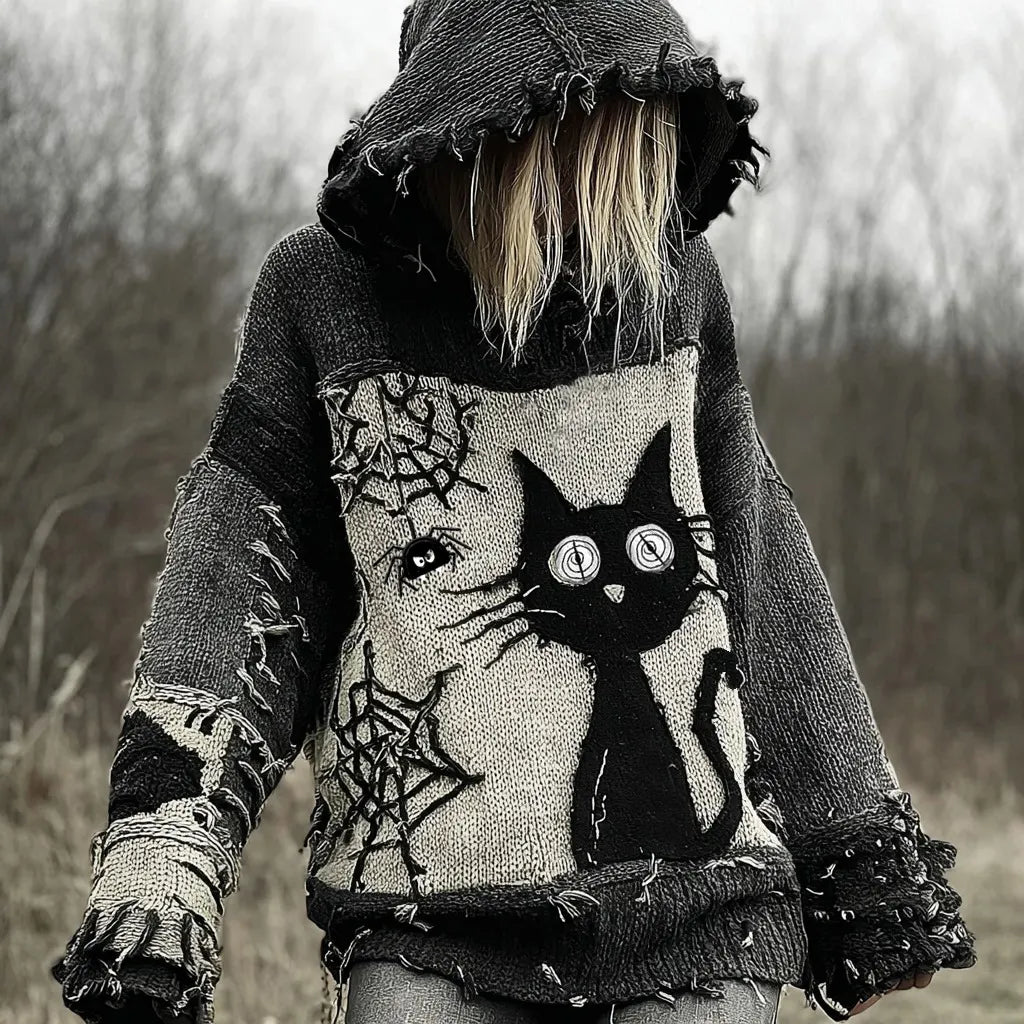 Halloween Scared Black Cat Patchwork Stitched Cozy Knit Hooded