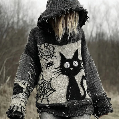 Halloween Scared Black Cat Patchwork Stitched Cozy Knit Hooded