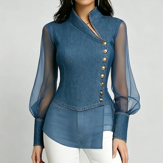 Blue Denim Sheer Mesh Blouse