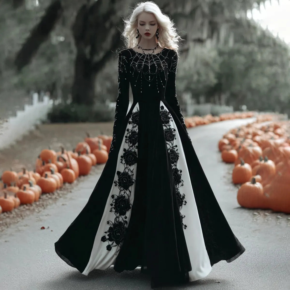 Women's  Halloween Black Roses With Spider Web Art Comfy Velvet Round Neck Maxi Dress
