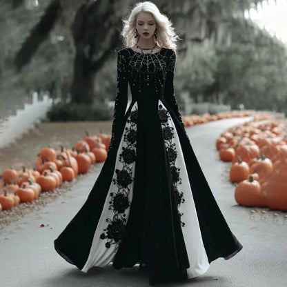 Women's  Halloween Black Roses With Spider Web Art Comfy Velvet Round Neck Maxi Dress
