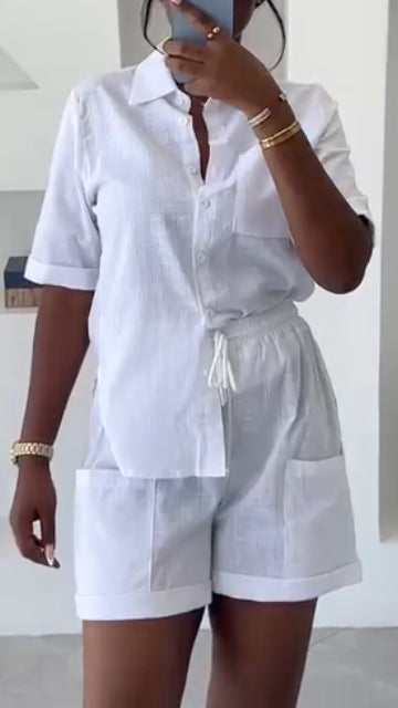 Women's Collared Shirt And Shorts Casual Suit