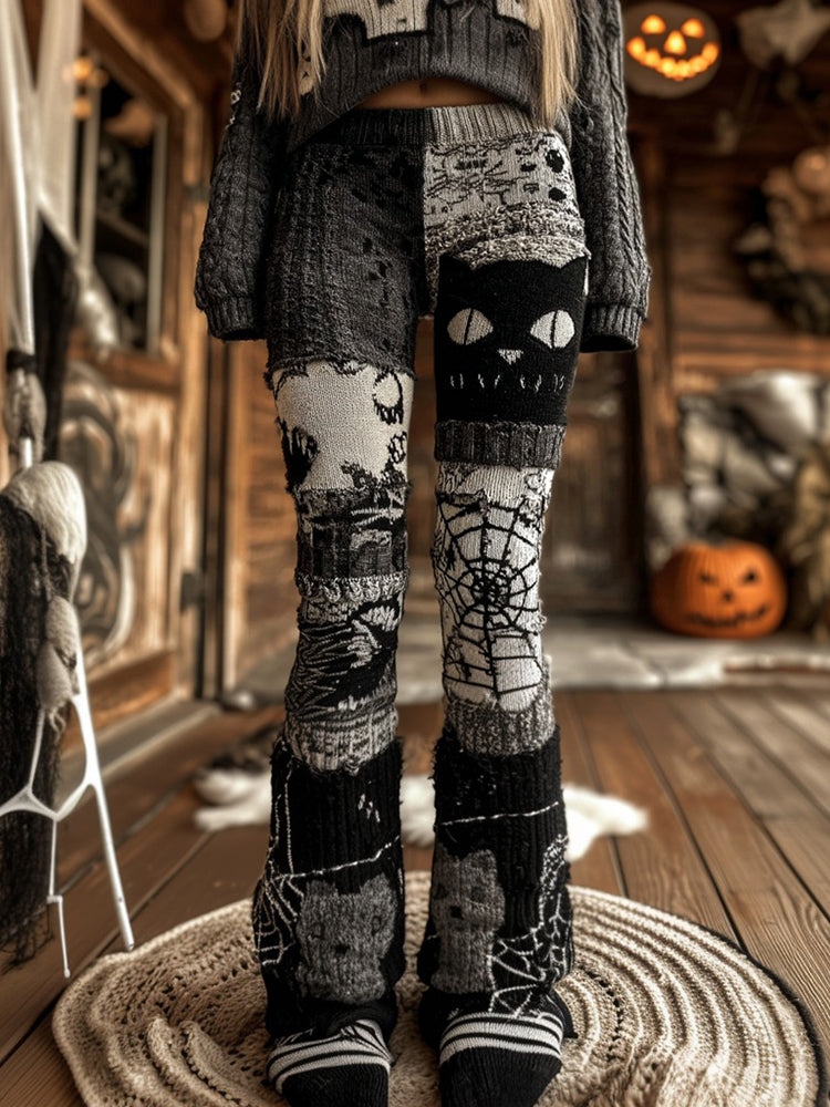 Halloween Black Cat And Spider Web Jacquard Patchwork Cozy Knit Leggings