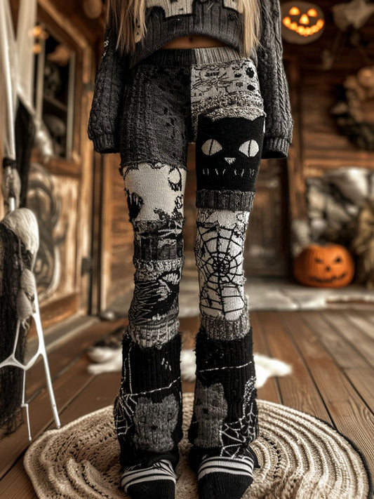 Halloween Black Cat And Spider Web Jacquard Patchwork Cozy Knit Leggings