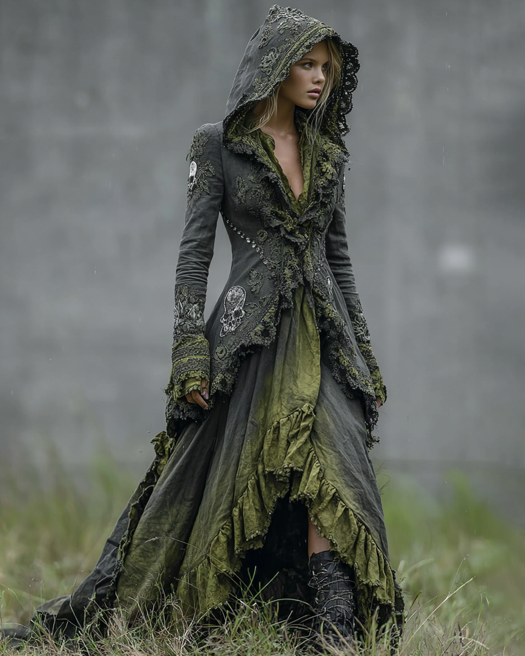 Halloween Themed Irregular Gradient Skull Embroidered Lace Hooded Dress c867