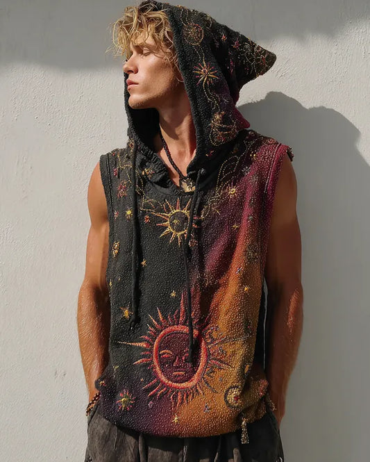 Men's Summer Vacation Star and Moon Embroidery Tie-Dye Hooded Sleeveless Top 7b9c