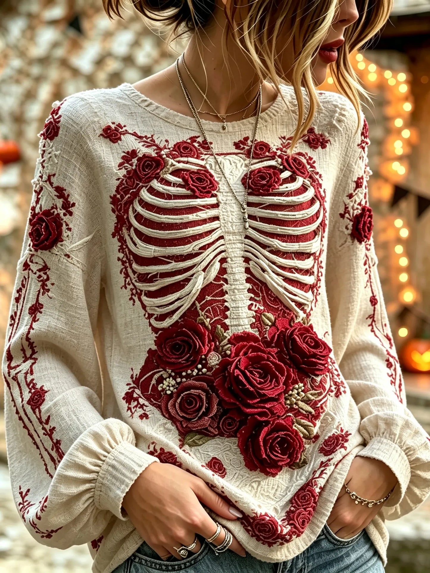 Women's Retro Halloween Bloody Human Skeleton With Floral Art Casual Long Sleeve Tops