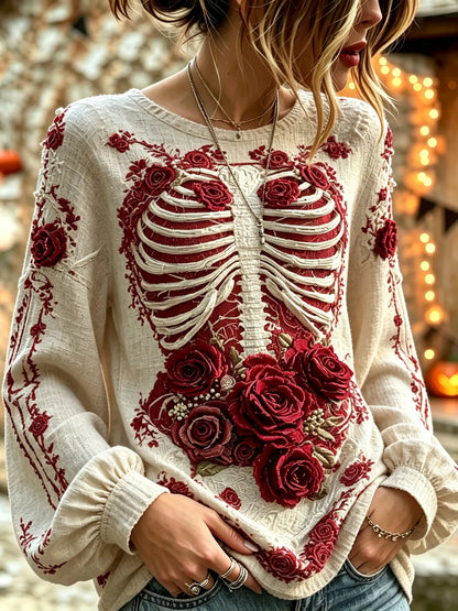Women's Retro Halloween Bloody Human Skeleton With Floral Art Casual Long Sleeve Tops