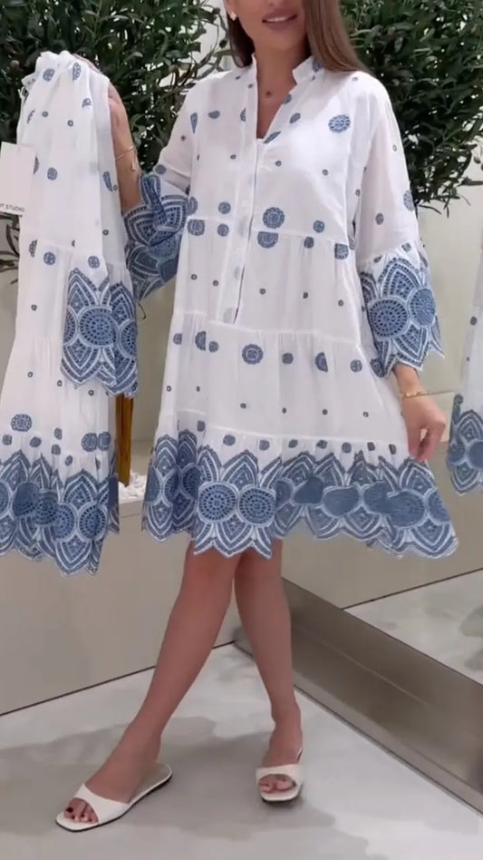 White Blue Embroidery Tiered Shirt Dress