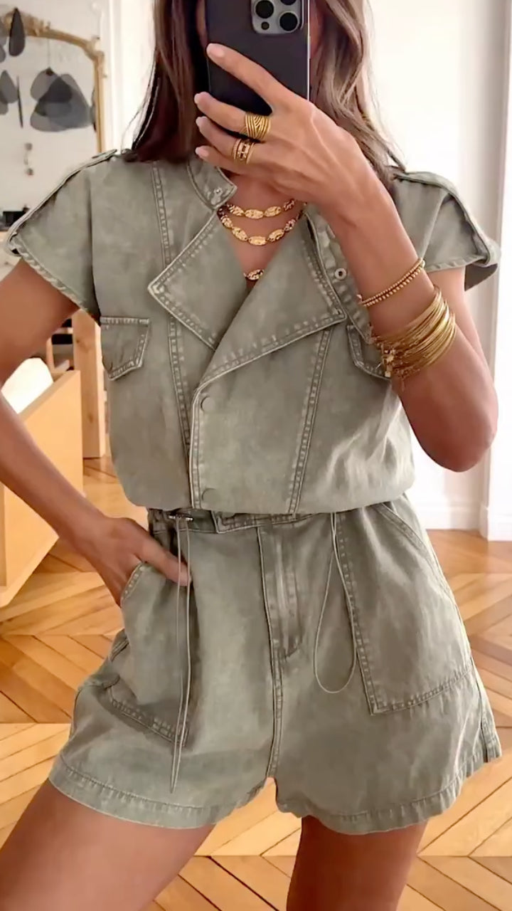 Distressed Military Green Denim Workwear Romper with Lapel Collar