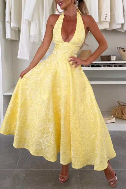 Halter Neck Jacquard Corset Flared Maxi Dress