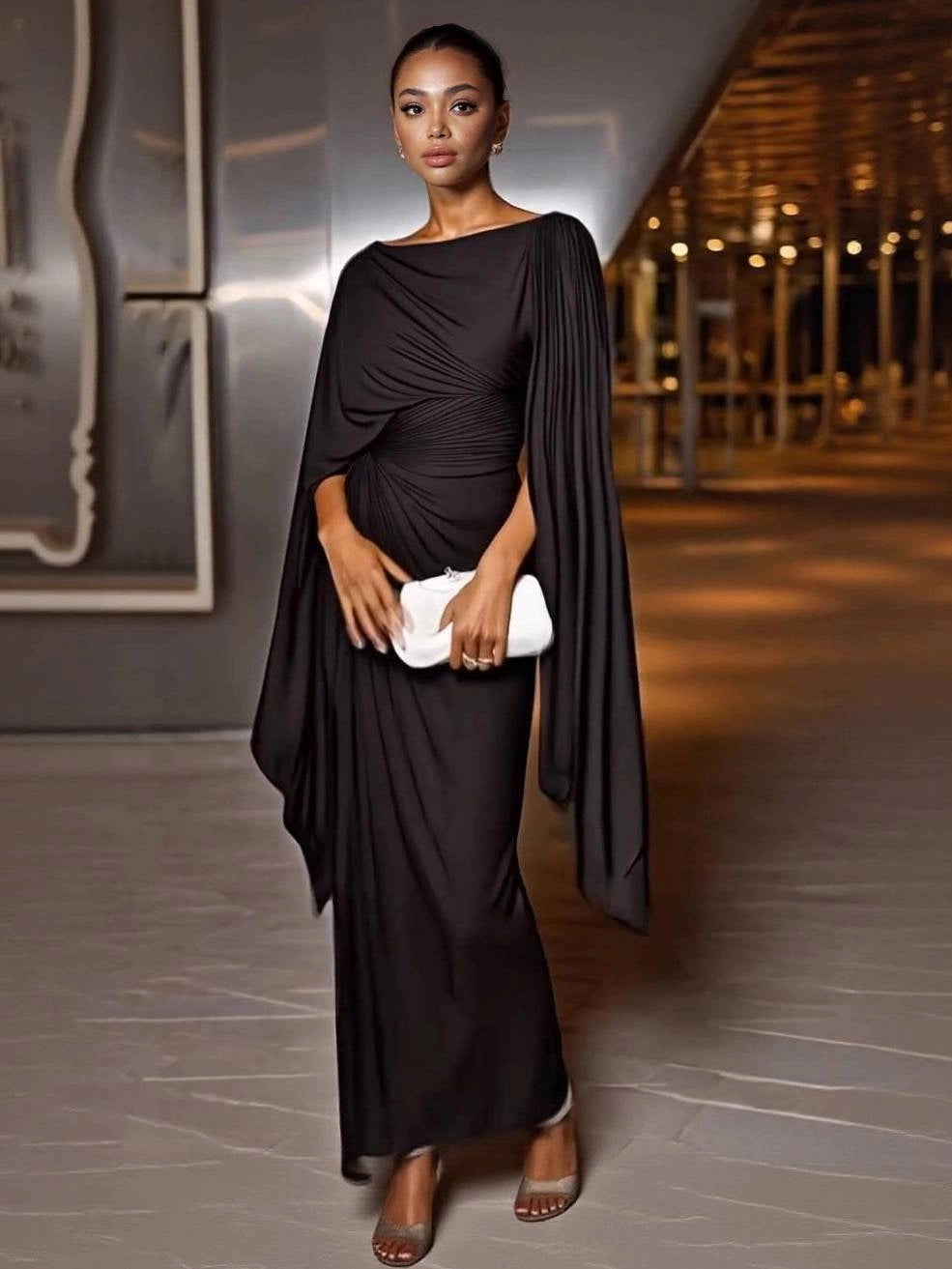Draped Cape Sleeve Ruched Waist Bodycon Maxi Dress