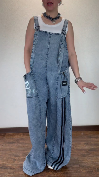 Washed Blue Striped Denim Overalls