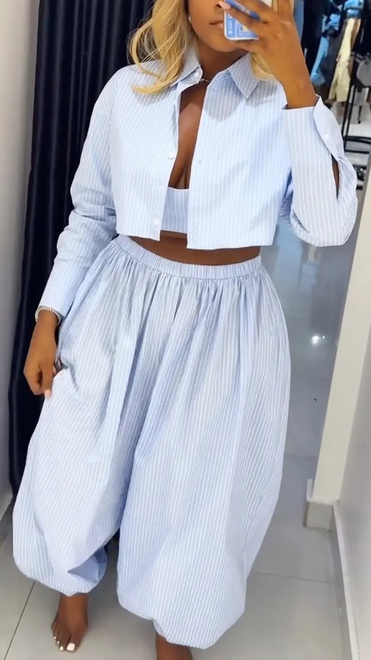 Striped Cropped Shirt & Balloon Pants Set