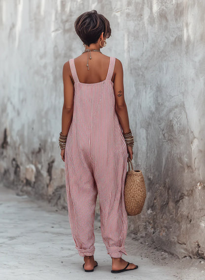 Striped Cotton Square-Neck Wide Leg Jumpsuit