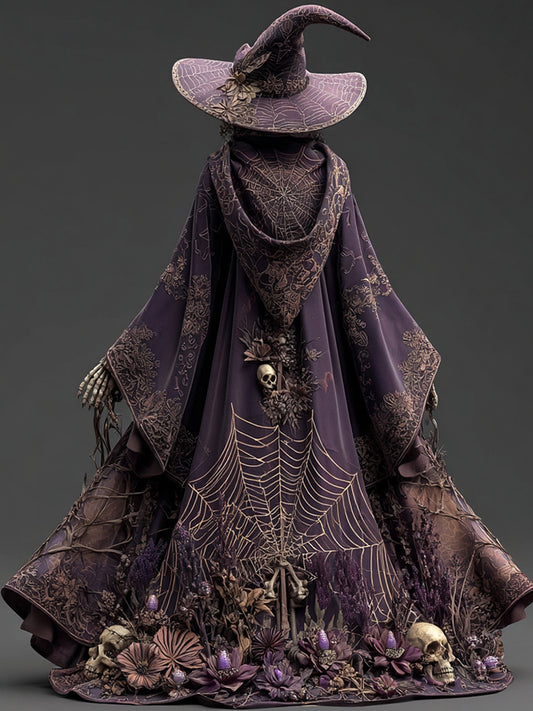 Women's Halloween Spiderweb Skull Floral Witch Hooded Cape