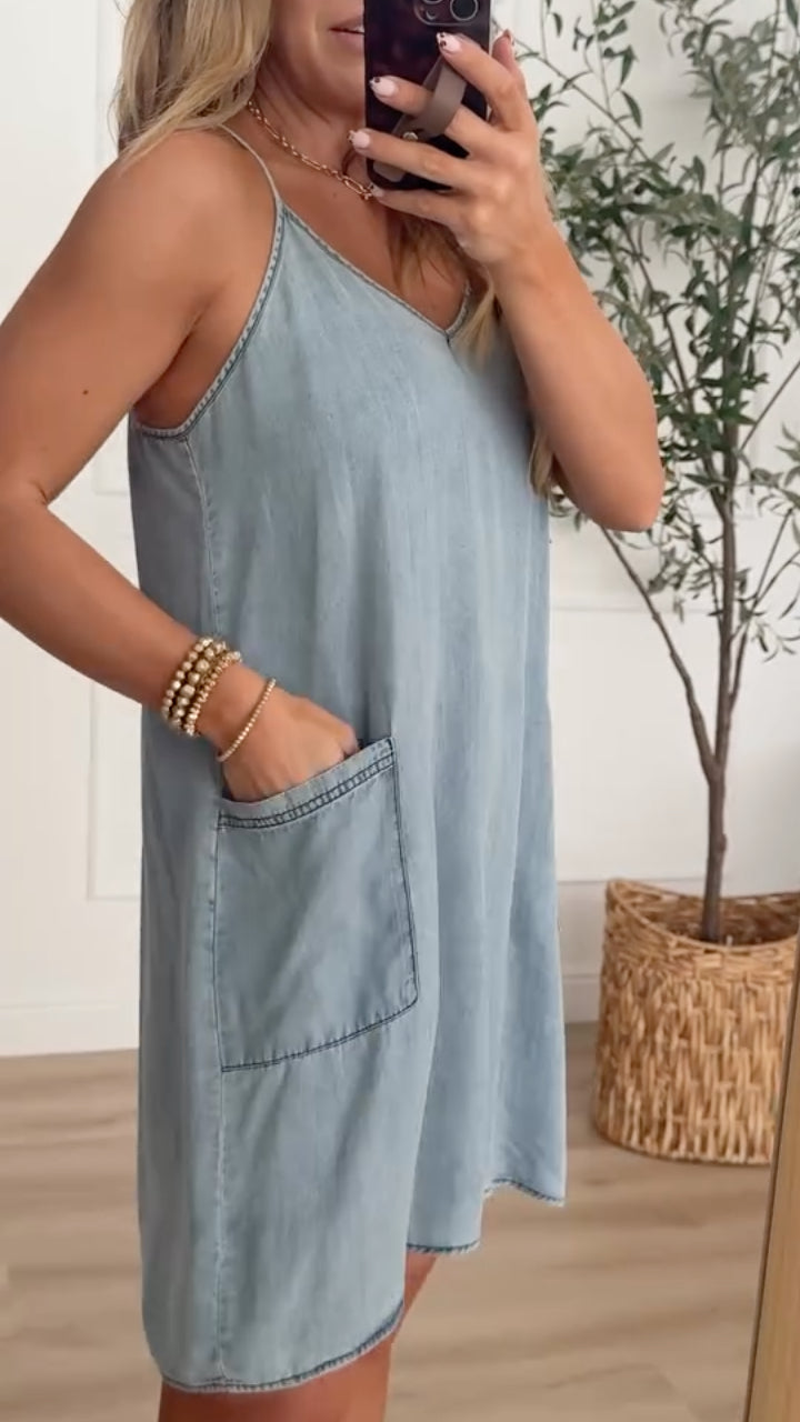 Women's V-Neck Spaghetti Strap Tencel Denim Dress