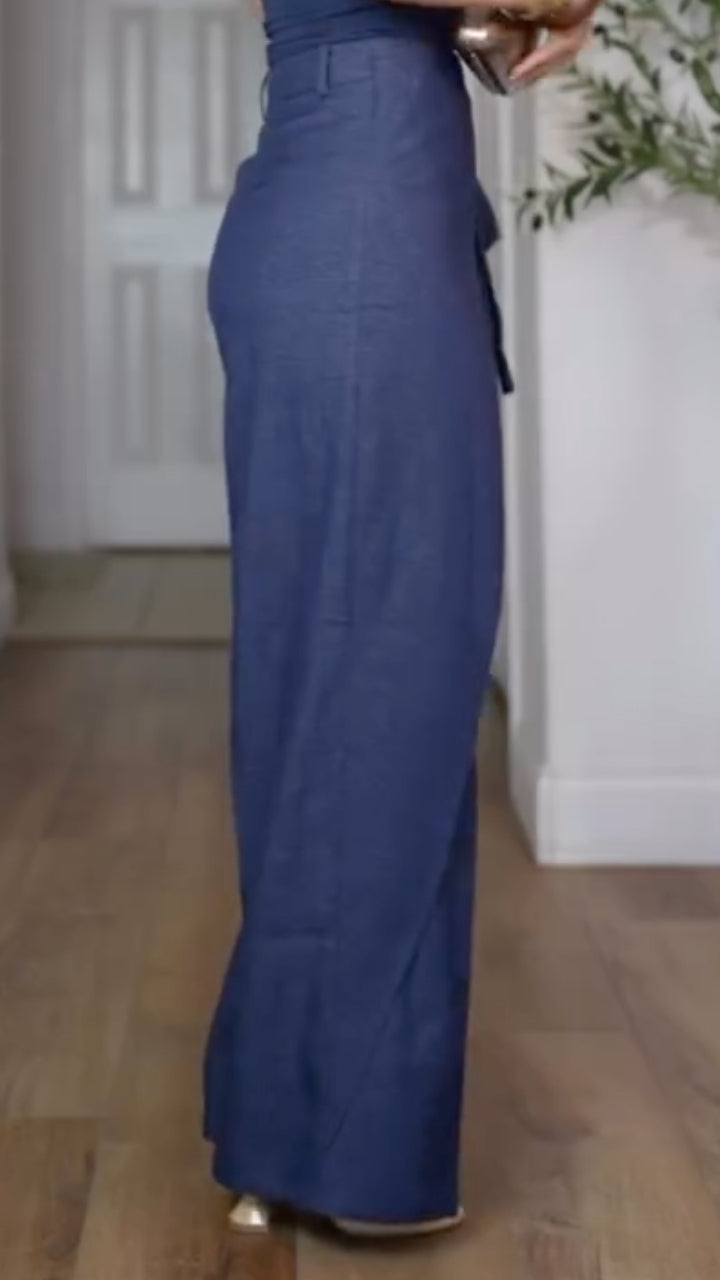 Wrap Overlay Tie‑Waist Wide Leg Pants