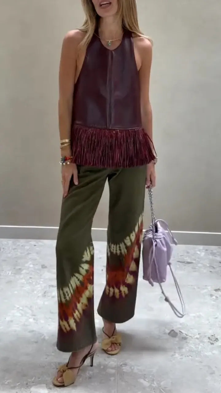 Maroon Leather Fringe Halter Top & Tie-Dye Pants