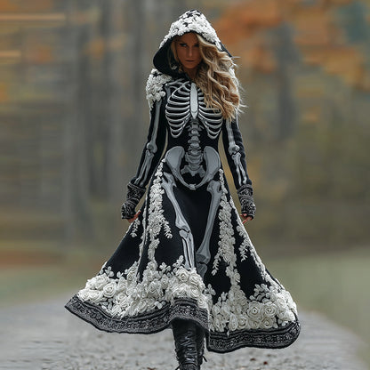 Women's Halloween Skeleton Bones With Rose Art Cozy Knit Hooded Sweater Dress