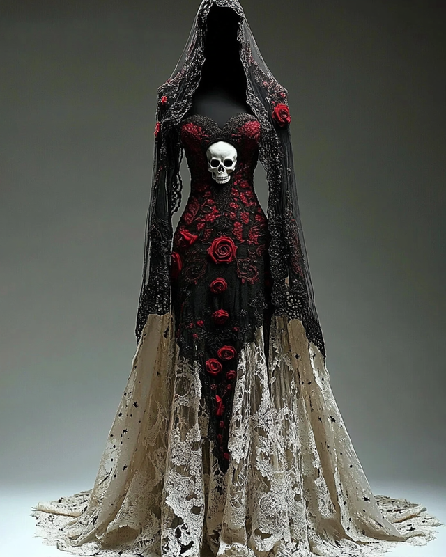 Halloween Themed Rose And Skull Embroidered Contrast Lace Dress f528
