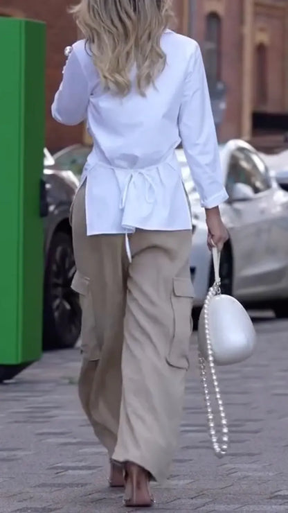 Women's Crossover Waist-Cinching Shirt + Khaki Wide-Leg Cargo Pants Set