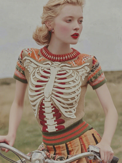 Vintage Halloween Anatomy Art Short Sleeve Chunky Knitted Sweater
