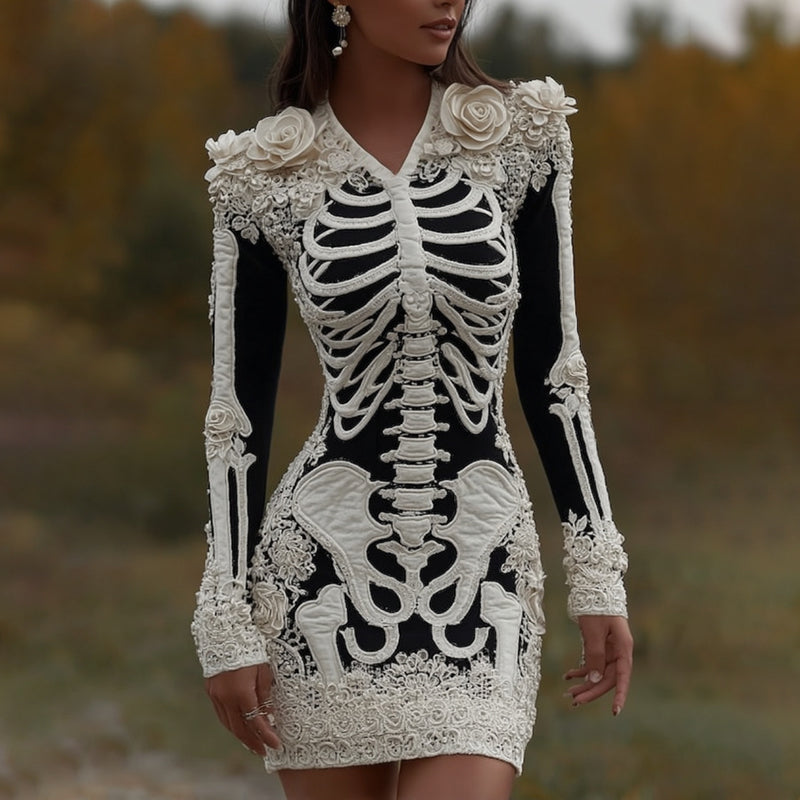 Women's Halloween Skeleton Bones With Rose Art Cozy Knit V Neck Mini Sweater Dress