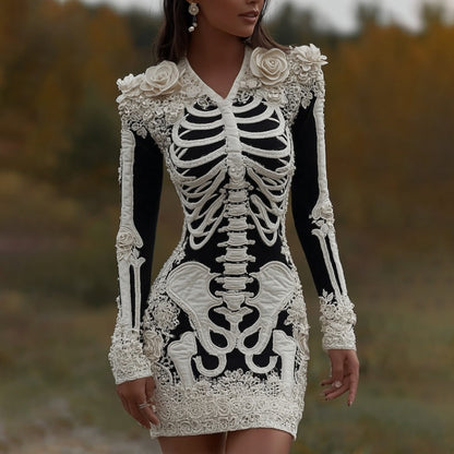 Women's Halloween Skeleton Bones With Rose Art Cozy Knit V Neck Mini Sweater Dress