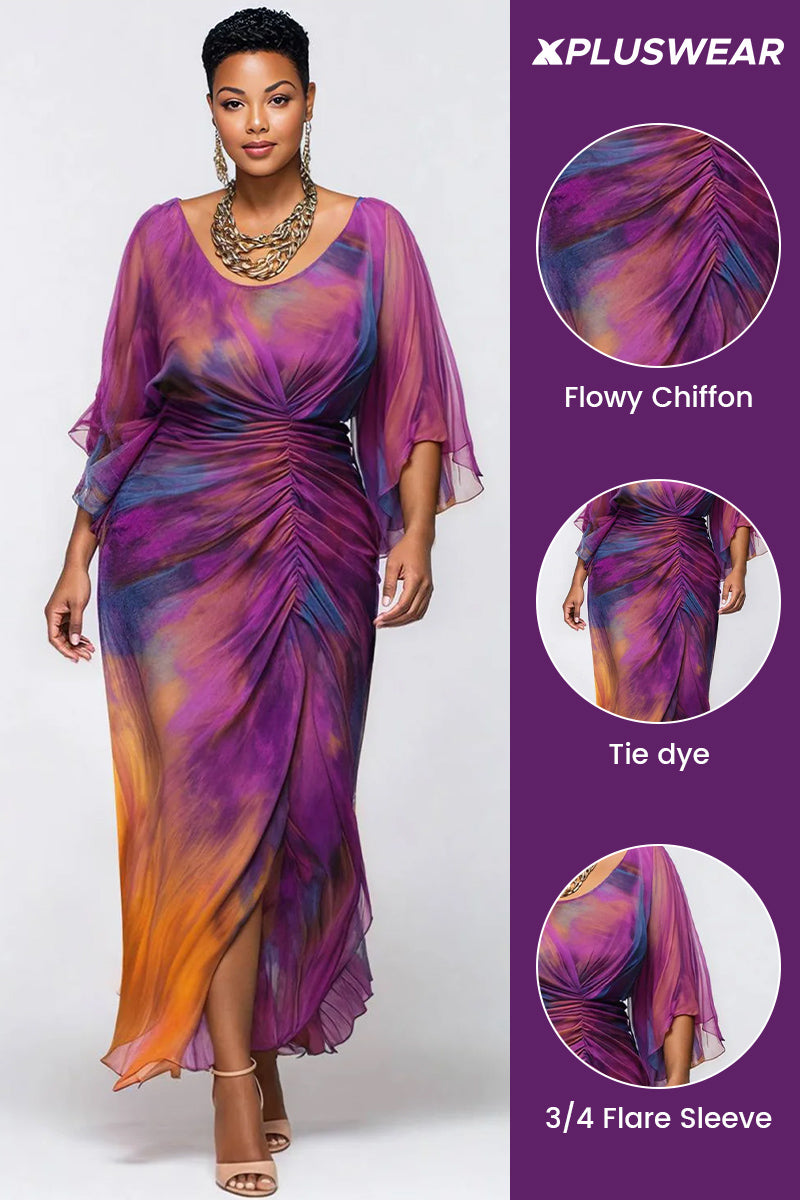 Xpluswear Design Plus Size Cocktail Party Purple Tie Dye Round Neck Flare 3/4 Sleeve Ruched Chiffon Maxi Dresses