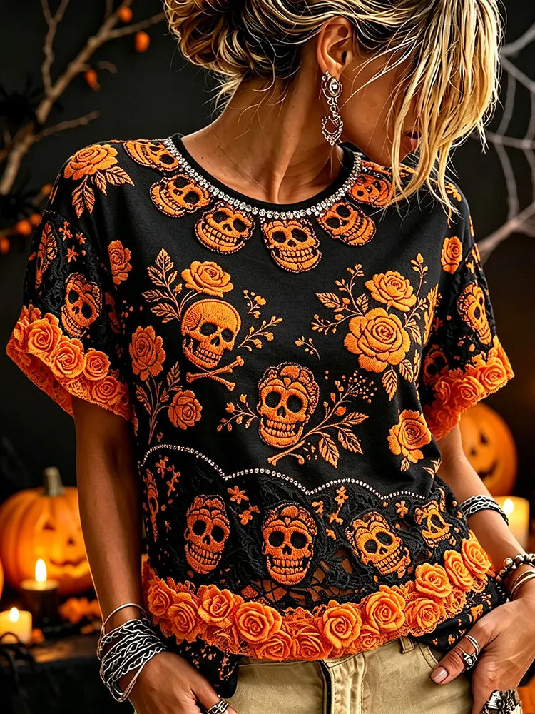 Women's Retro Halloween Skull Floral Art Casual Crew Neck Short Sleeve T-shirt