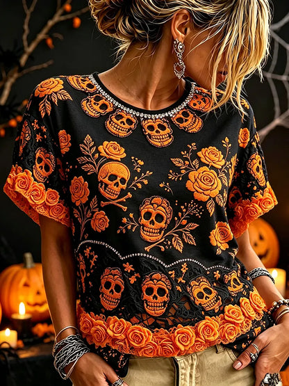 Women's Retro Halloween Skull Floral Art Casual Crew Neck Short Sleeve T-shirt