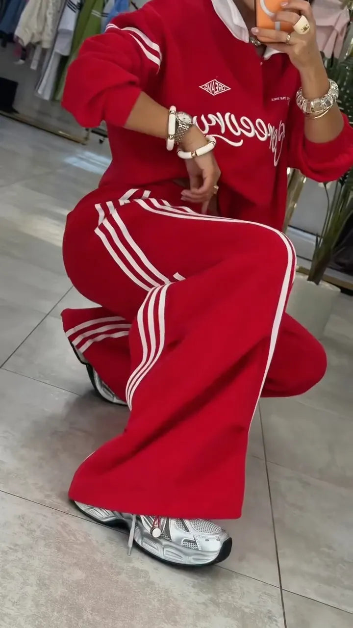 Red Cropped Polo Sweatshirt & Striped Pants Set