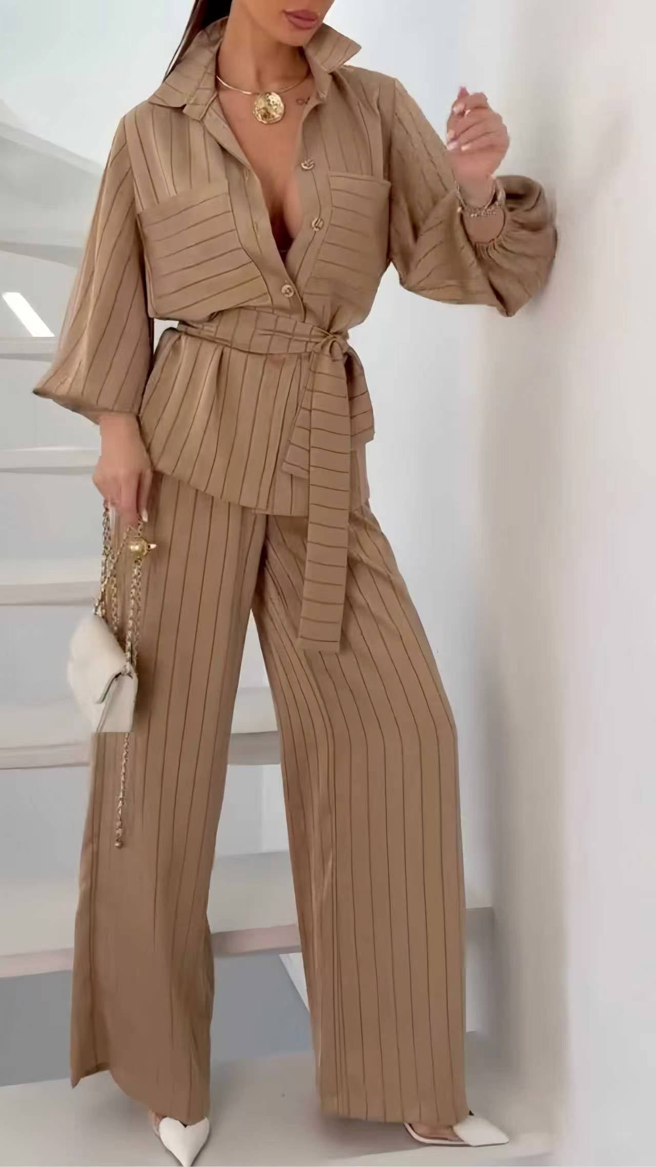 Stripe Belted Shirt & Wide Leg Pants Co‑Ord