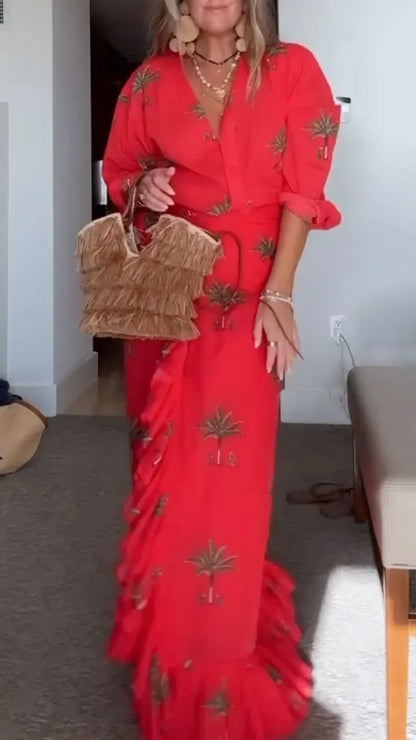 Red Palm Print Wrap Set