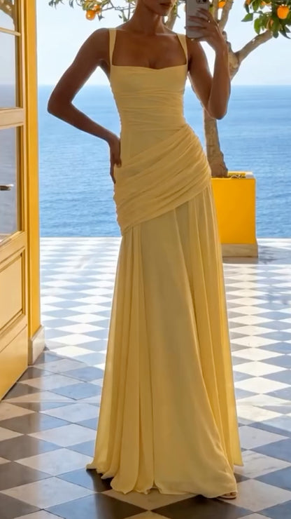 Yellow Square Neck Ruched Maxi Chiffon Gown  ### Product Title