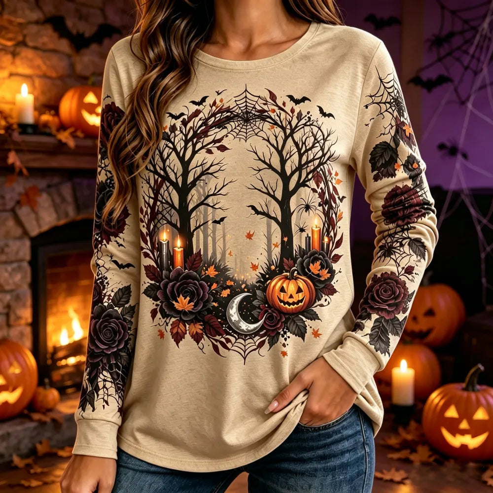 Women's Halloween Spooky Pumpkin And Rose Print Long-sleeve Casual Sweatshirt