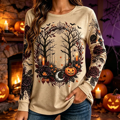 Women's Halloween Spooky Pumpkin And Rose Print Long-sleeve Casual Sweatshirt