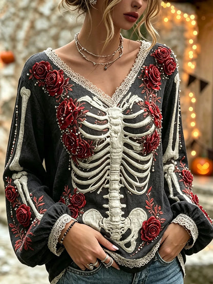 Women's Vintage Halloween Bloody Human Skeleton With Floral Art Casual Long Sleeve Tops