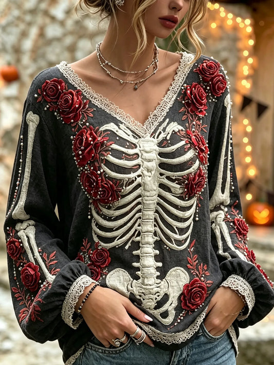 Women's Vintage Halloween Bloody Human Skeleton With Floral Art Casual Long Sleeve Tops