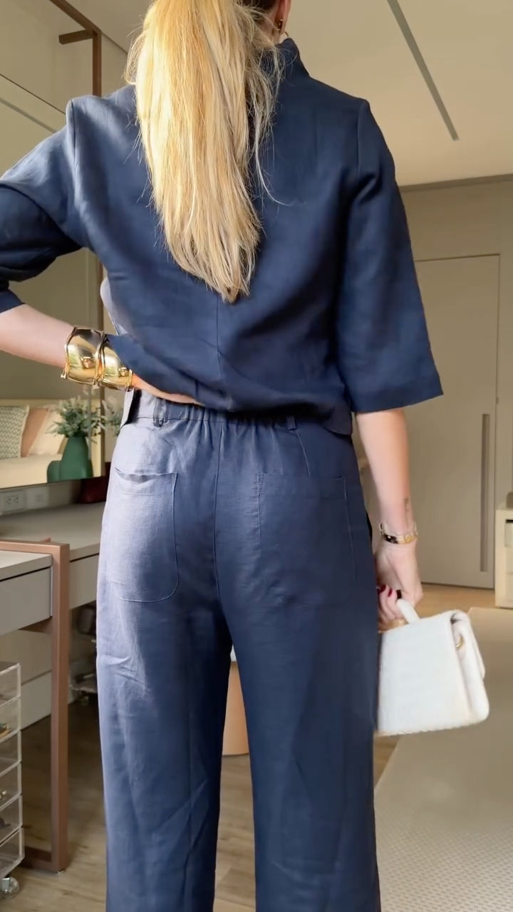 Navy Blue Linen Cowl Neck Top & Wide Leg Pants Co-Ord Set
