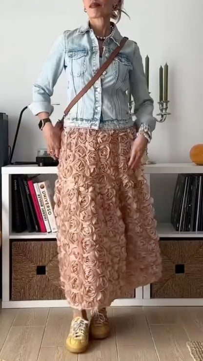 Denim Jacket & Pink Floral Skirt Outfit