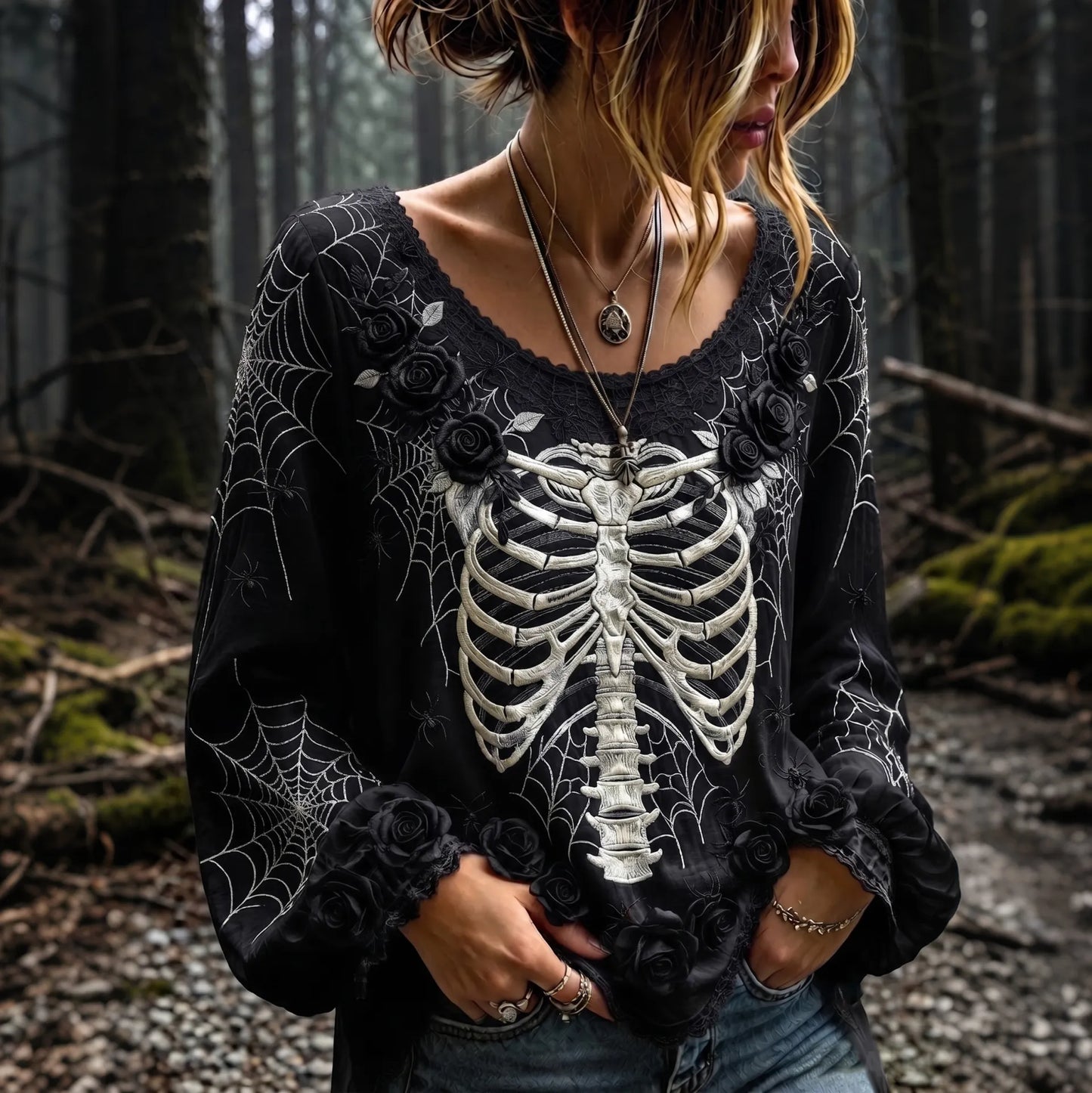 Women's Vintage Skeleton Pattern Linen Blend Art Long Sleeve T-shirt