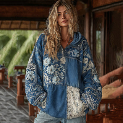 Vintage Bohemian Floral With  Japanese Traditional Sashiko Patchwork Art Embroidery Inspired Washed Hoodie