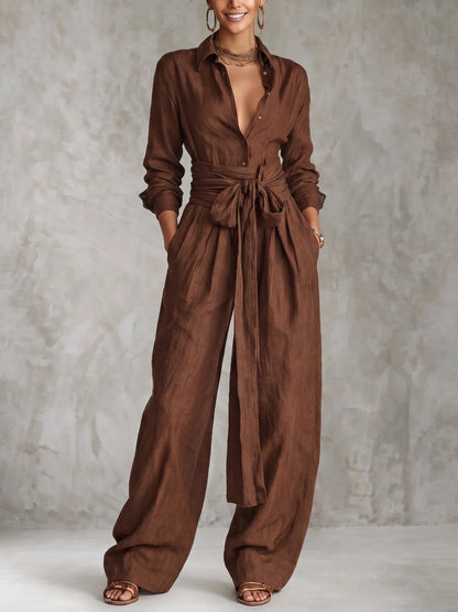 Solid Color Collared Top And Stylish Casual High-waisted Trousers Two-piece Set