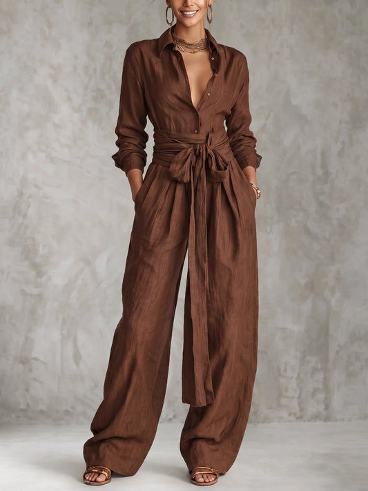 Solid Color Collared Top And Stylish Casual High-waisted Trousers Two-piece Set