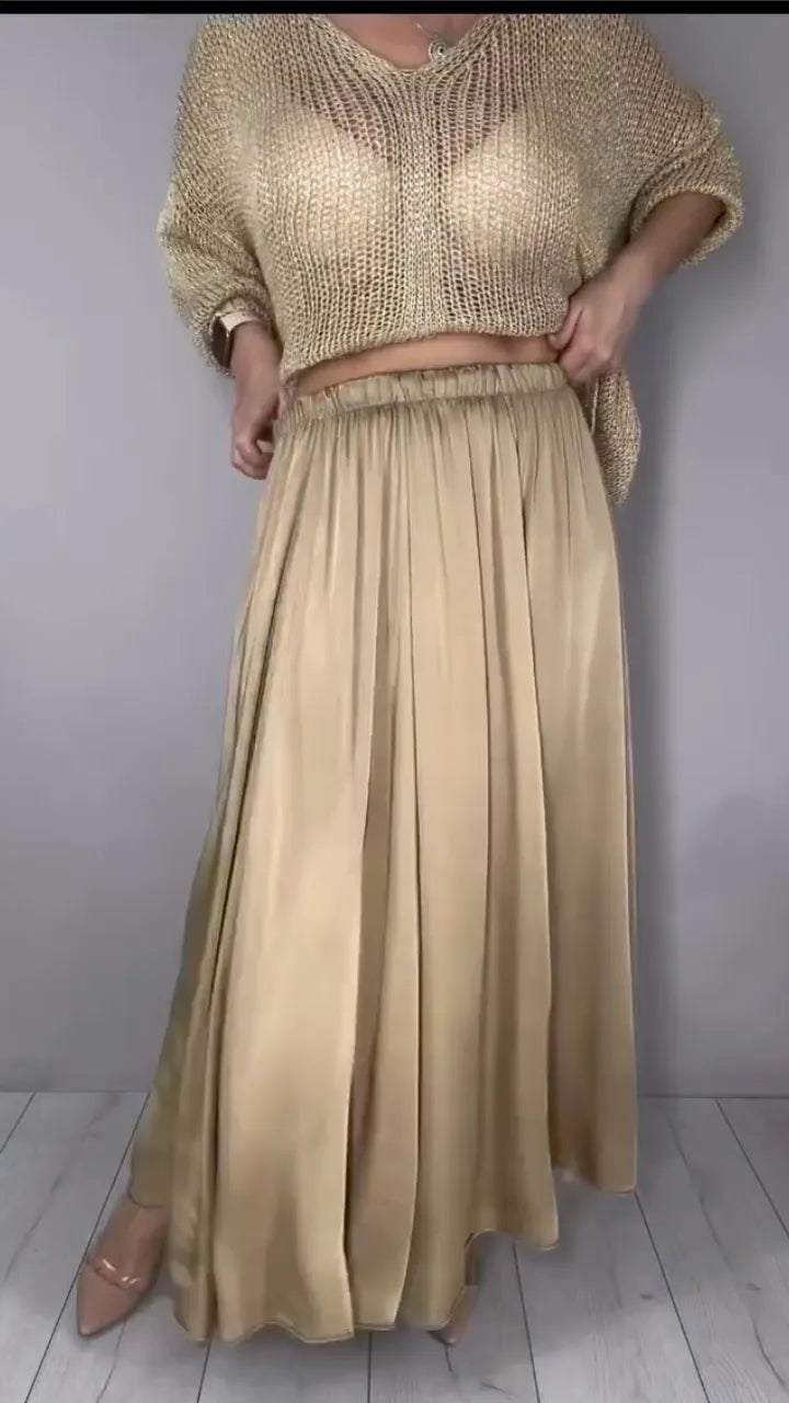 Gold Open Knit Cropped Sweater with Satin Maxi Skirt Set