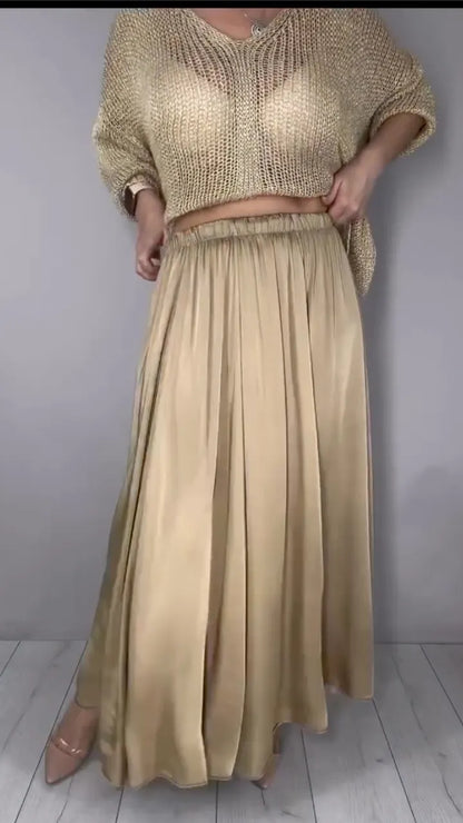 Gold Open Knit Cropped Sweater with Satin Maxi Skirt Set