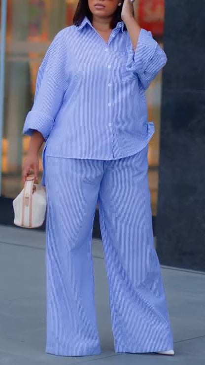 Women's Collared Pinstripe Shirt Casual Suit