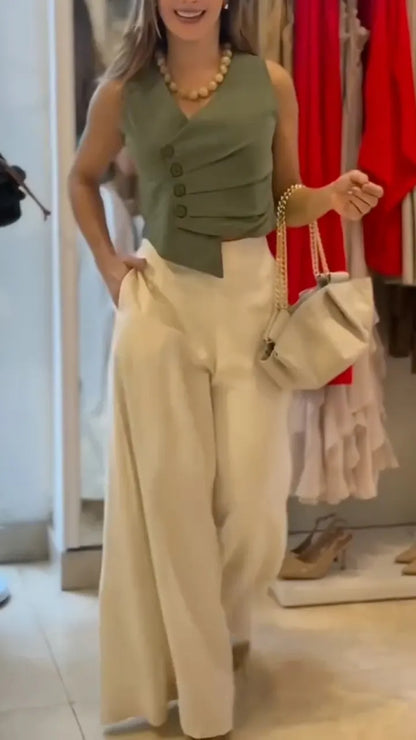 Women's High V-Neck Pleated Button Vest